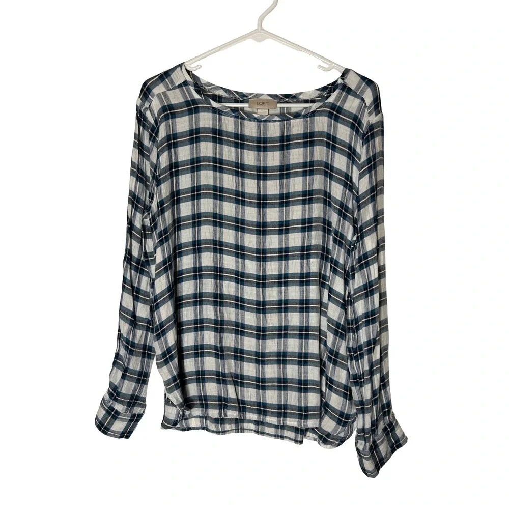 Loft Outlet Womens Medium Blue White Plaid Long Sleeve Roll Tab Blouse‎ Top